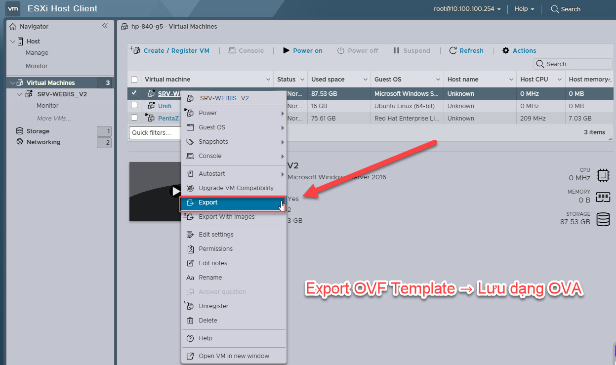 Export OVF Template thành file OVA
