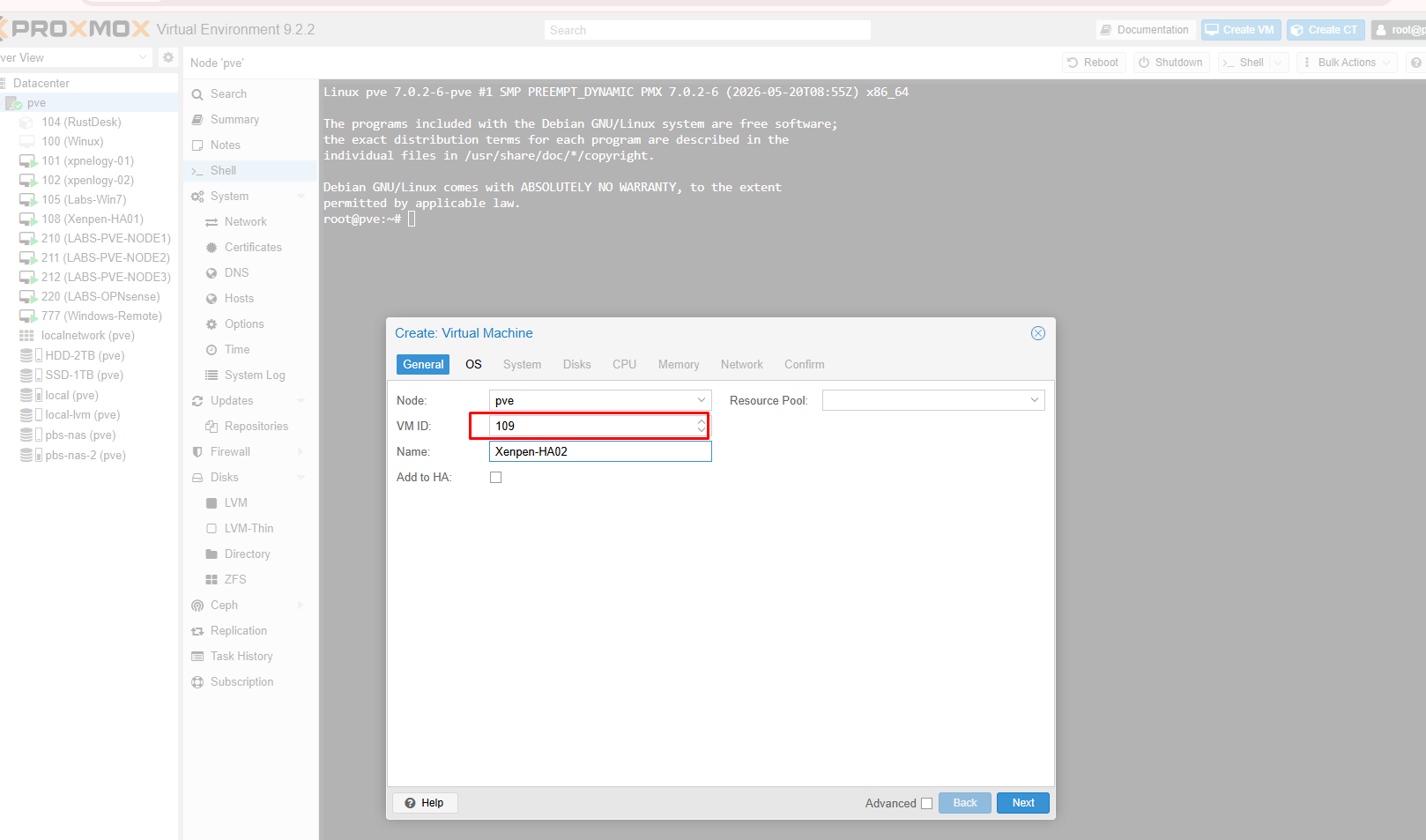 Cửa sổ Create Virtual Machine tab General với VM ID 109 và tên Xenpen-HA02