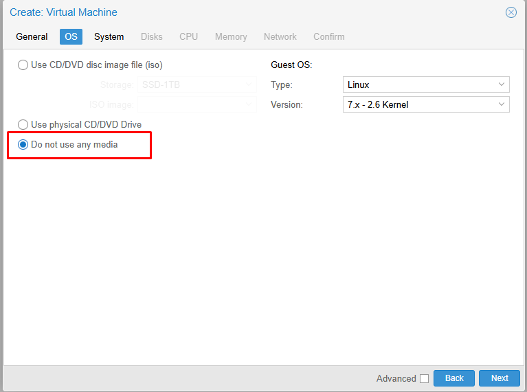 Tab OS chọn Do not use any media, Guest OS Linux 7.x - 2.6 Kernel