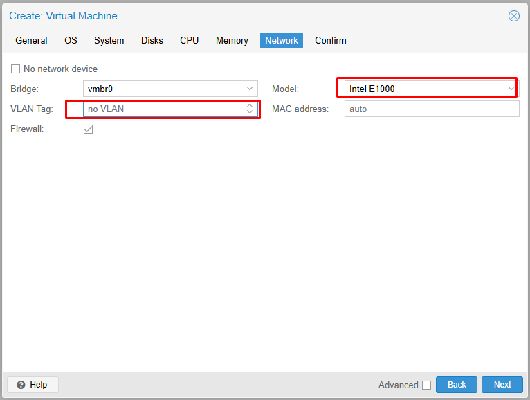 Tab Network chọn bridge vmbr0, Model Intel E1000, VLAN Tag no VLAN