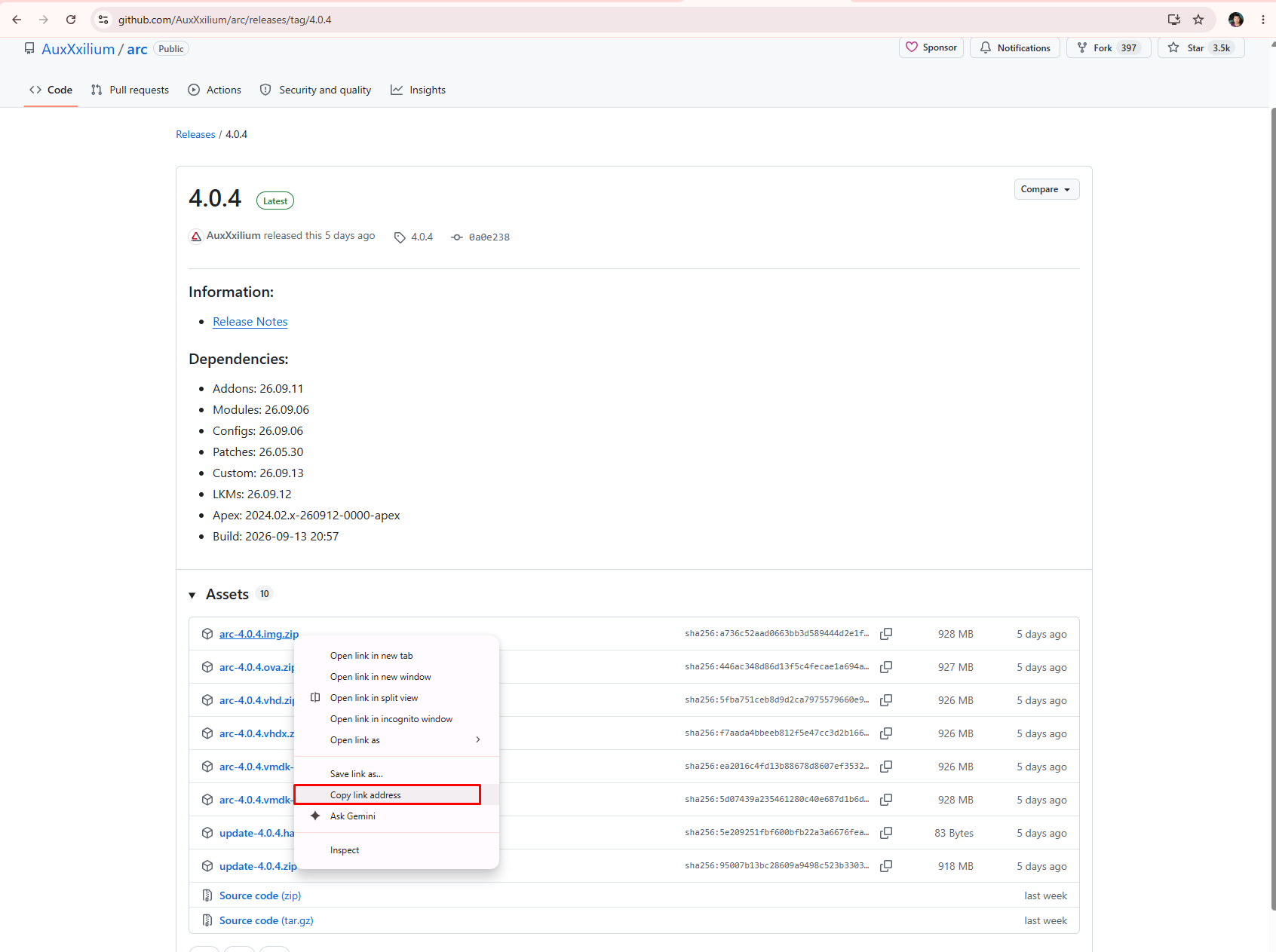 Trang GitHub release ARC 4.0.4 với danh sách assets và menu Copy link address