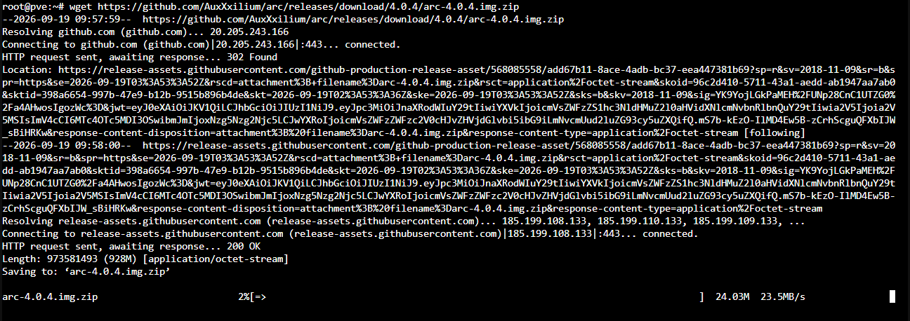 Shell Proxmox đang chạy lệnh wget tải file arc-4.0.4.img.zip