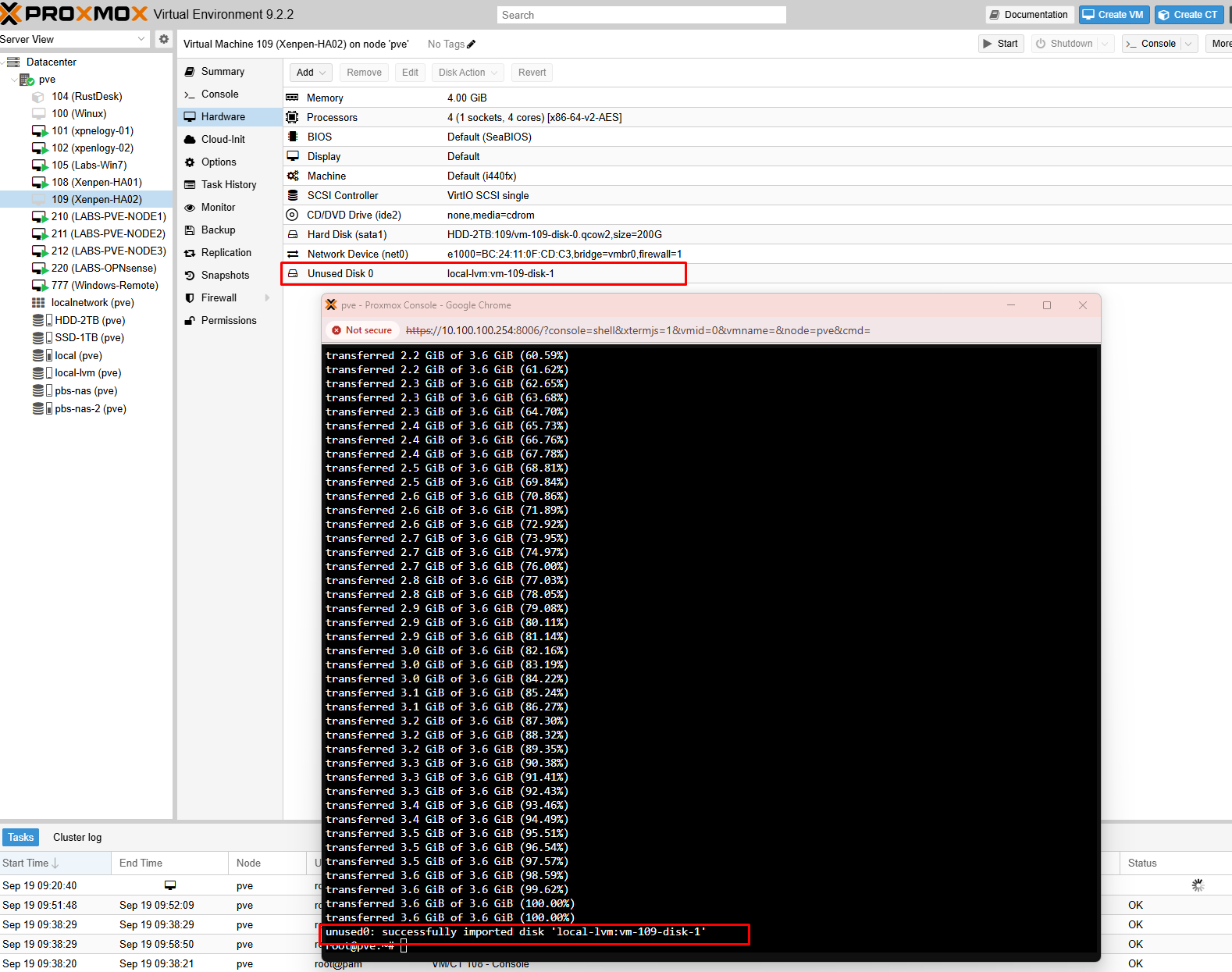 Import hoàn tất, Hardware xuất hiện Unused Disk 0 local-lvm:vm-109-disk-1