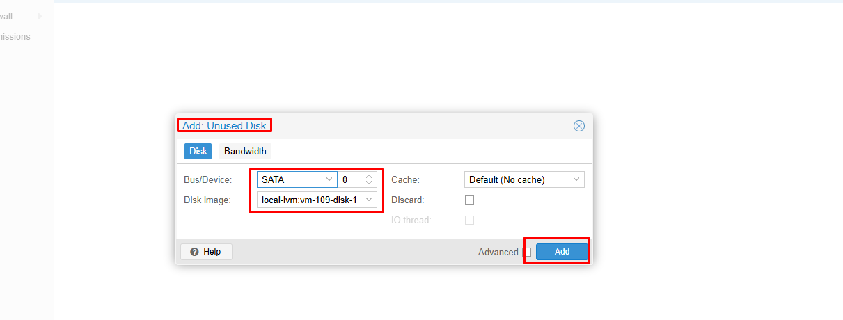 Hộp thoại Add Unused Disk chọn Bus SATA 0 cho đĩa local-lvm vm-109-disk-1