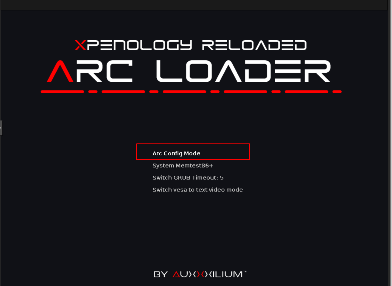 Menu GRUB của ARC Loader với mục Arc Config Mode được chọn