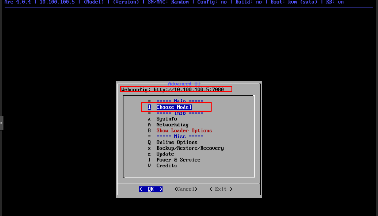 Menu Advanced UI của ARC Loader với dòng Webconfig và mục 1 Choose Model