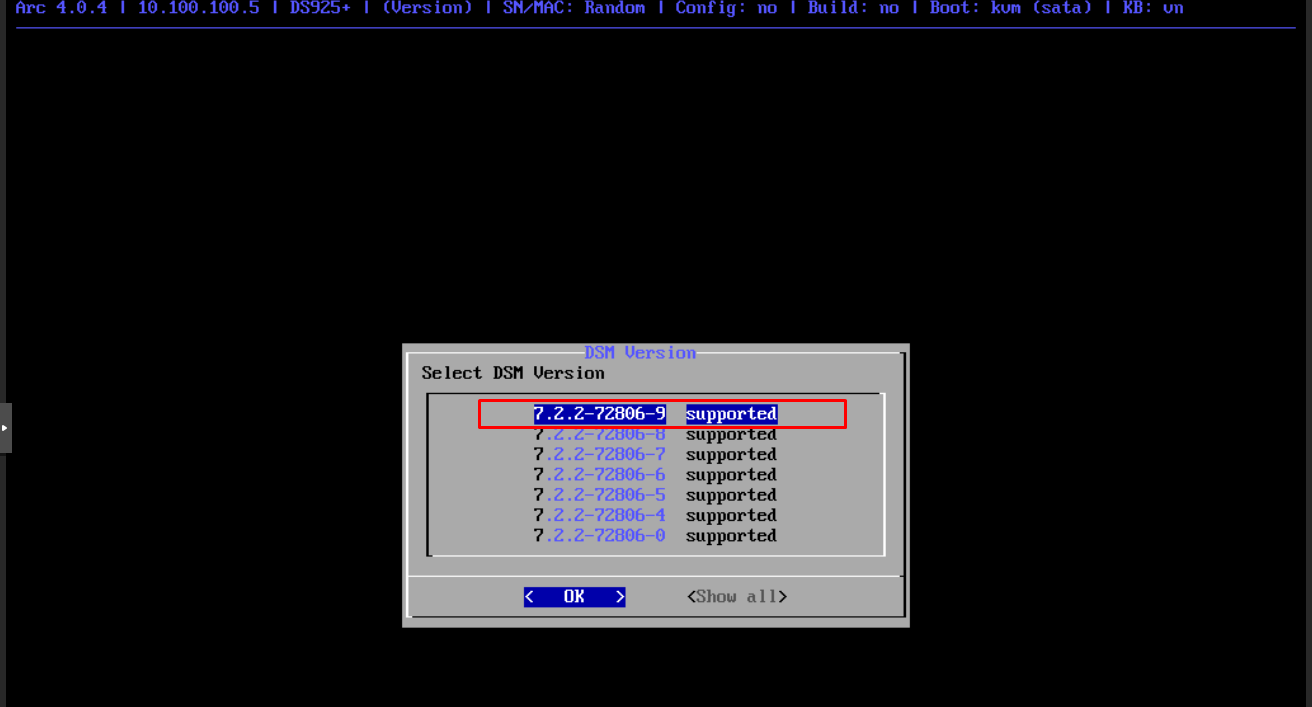 Hộp thoại Select DSM Version với bản 7.2.2-72806-9 được chọn