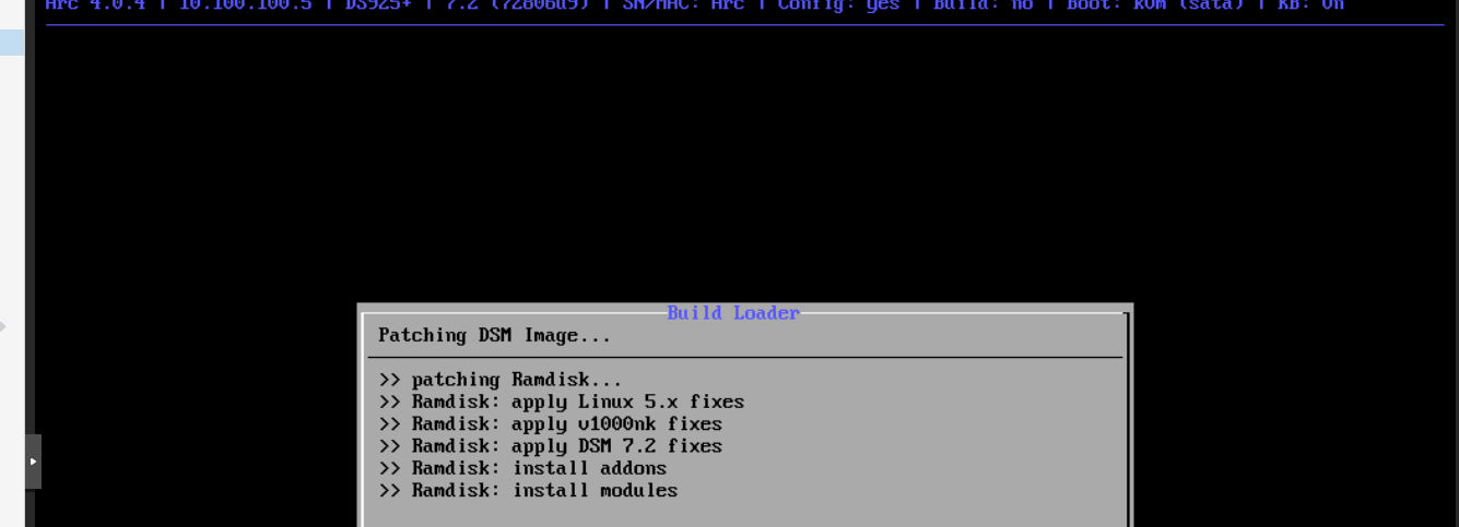 Màn hình Build Loader đang patching DSM image, apply fixes và install addons