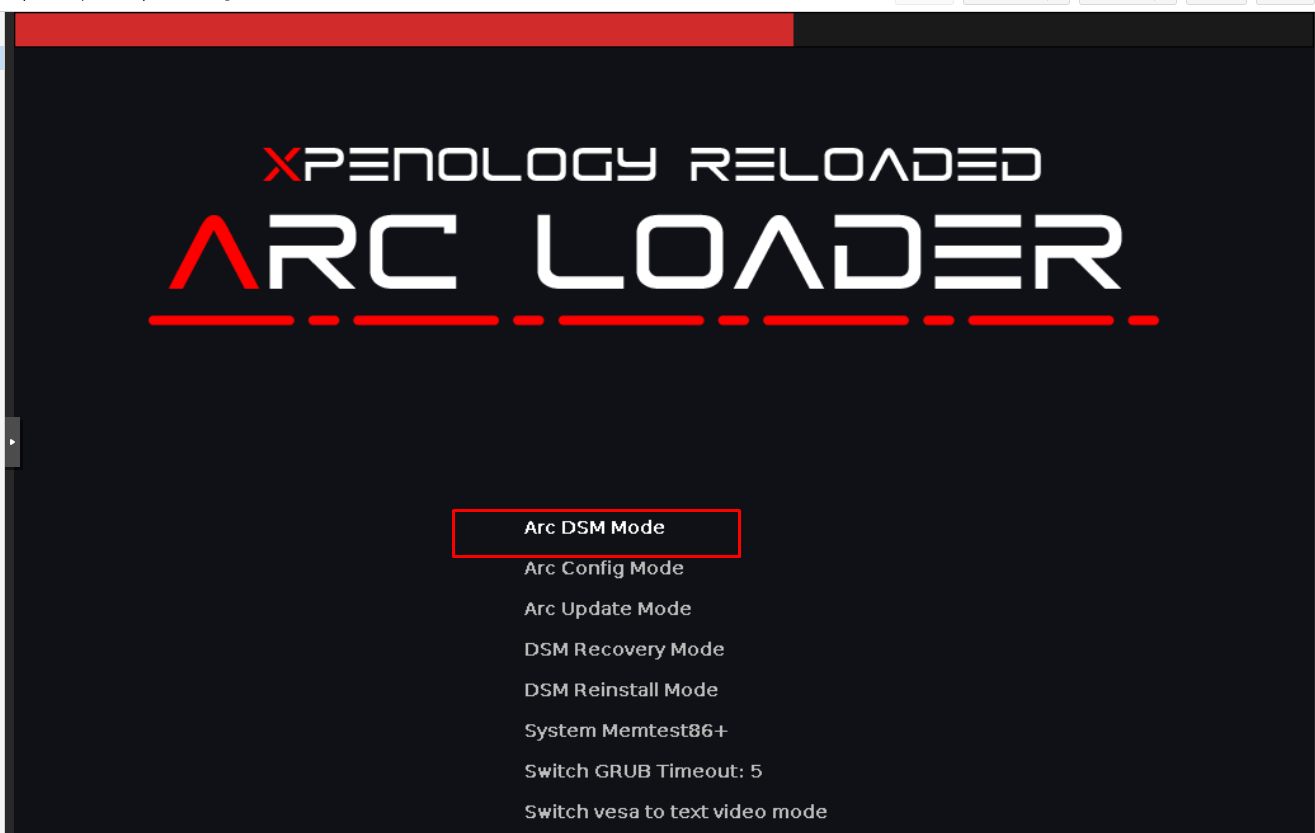 Menu GRUB sau khi build với Arc DSM Mode được chọn mặc định