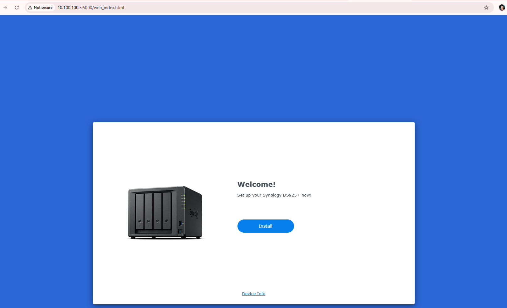 Trang Web Assistant hiển thị Welcome và nút Install cho Synology DS925+