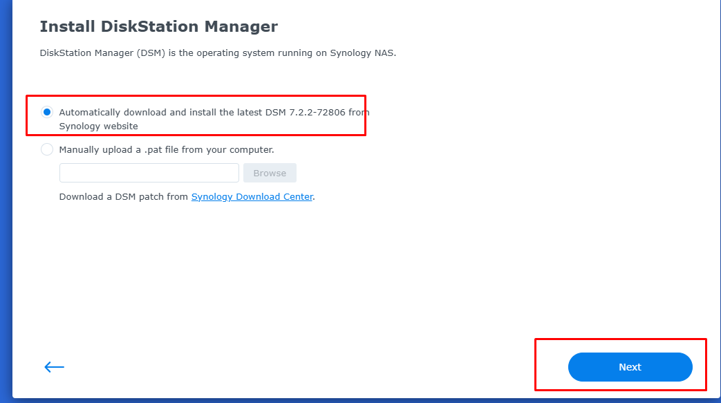Màn hình Install DiskStation Manager chọn tự động tải DSM 7.2.2-72806