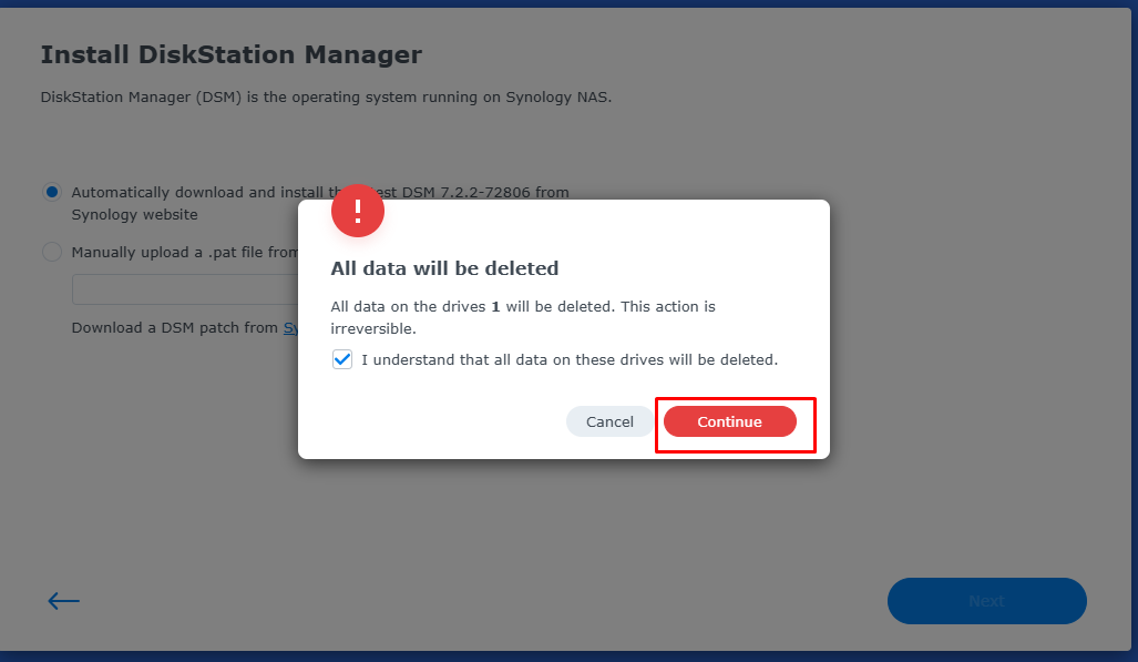 Hộp thoại All data will be deleted với checkbox xác nhận và nút Continue