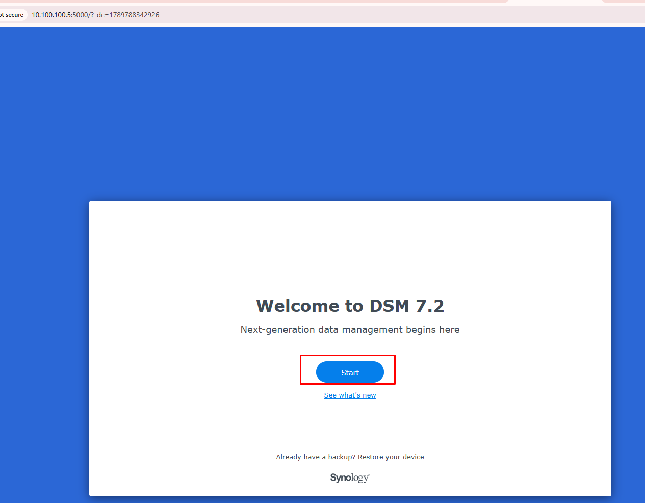 Màn hình Welcome to DSM 7.2 với nút Start