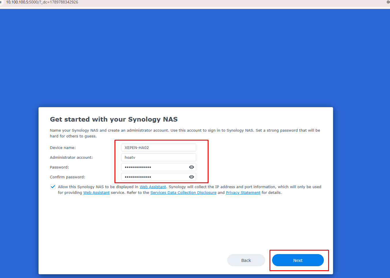 Màn hình Get started with your Synology NAS nhập Device name XEPEN-HA02 và tài khoản quản trị