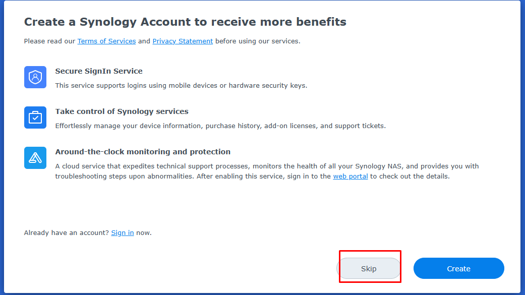 Màn hình Create a Synology Account với nút Skip được đánh dấu