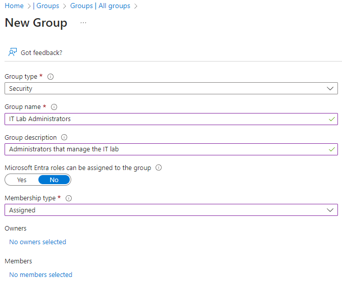 Screenshot of create assigned group