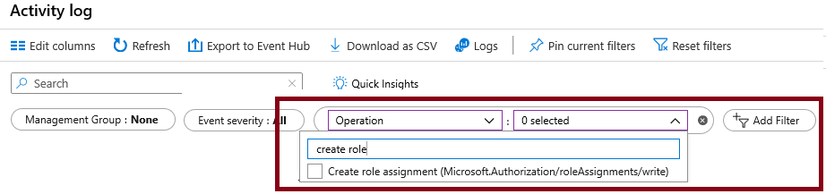 Screenshot of the Activity log page with configured filter