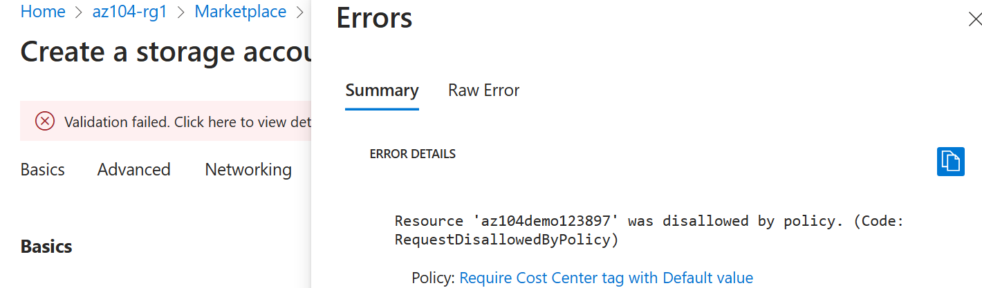 Screenshot of the disallowed policy error