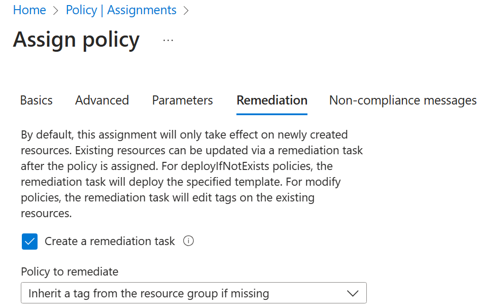 Screenshot of the policy remediation page