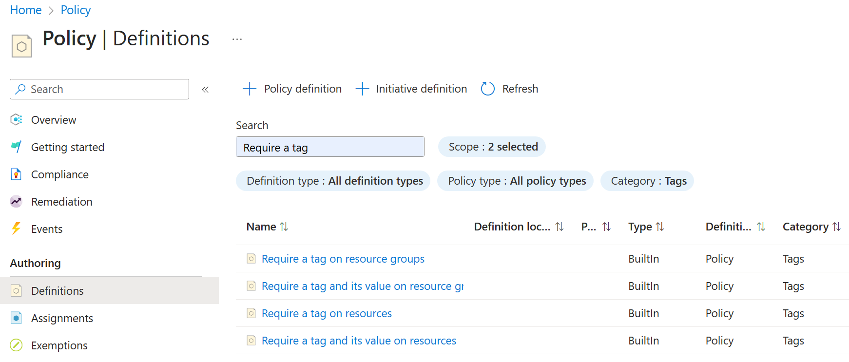 Screenshot of the policy definition