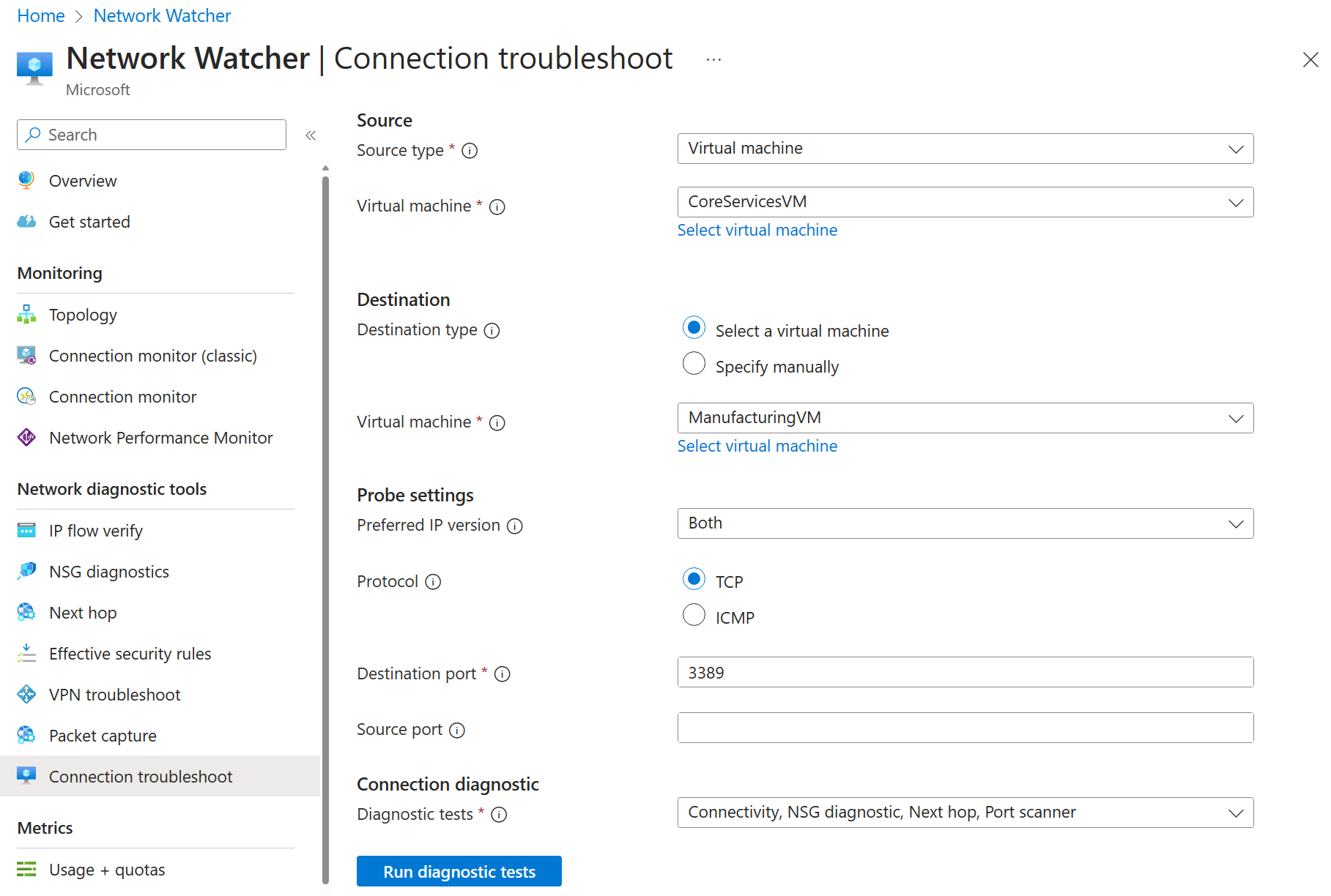 Azure Portal showing Connection Troubleshoot settings