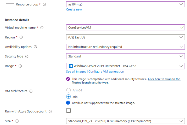 Basic virtual machine creation page