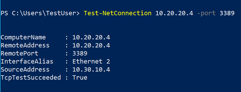 PowerShell window with Test-NetConnection succeeded