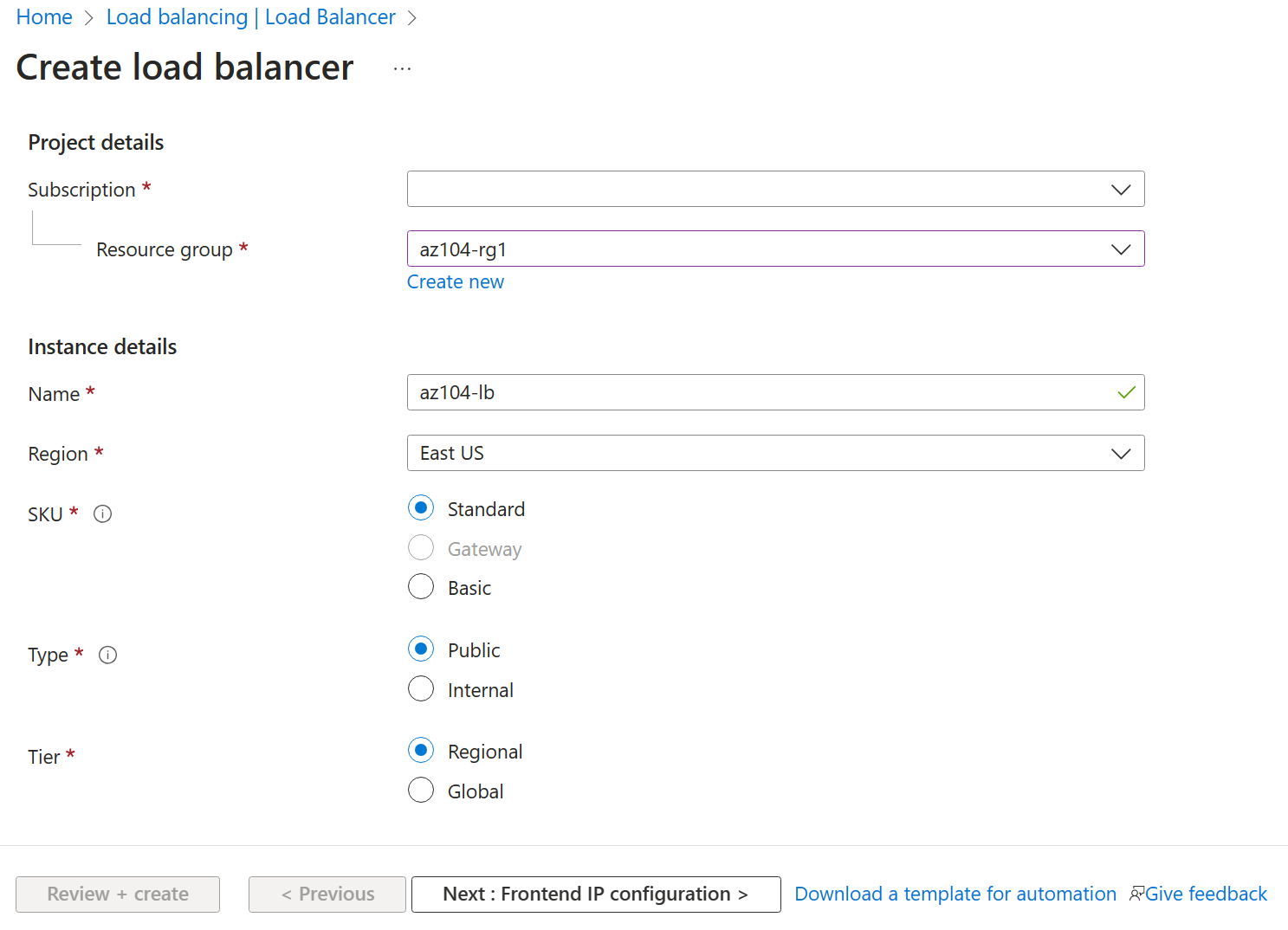 Screenshot of the create load balancer page