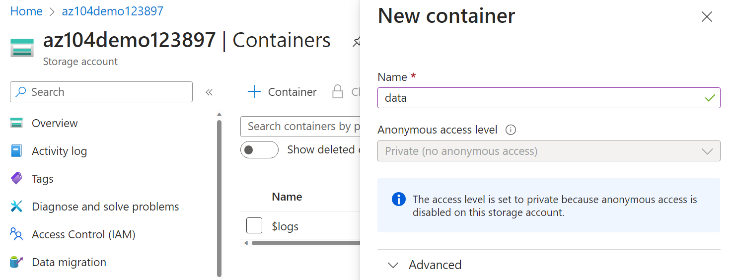 Screenshot of create a container