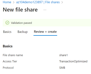 Screenshot of the create file share page