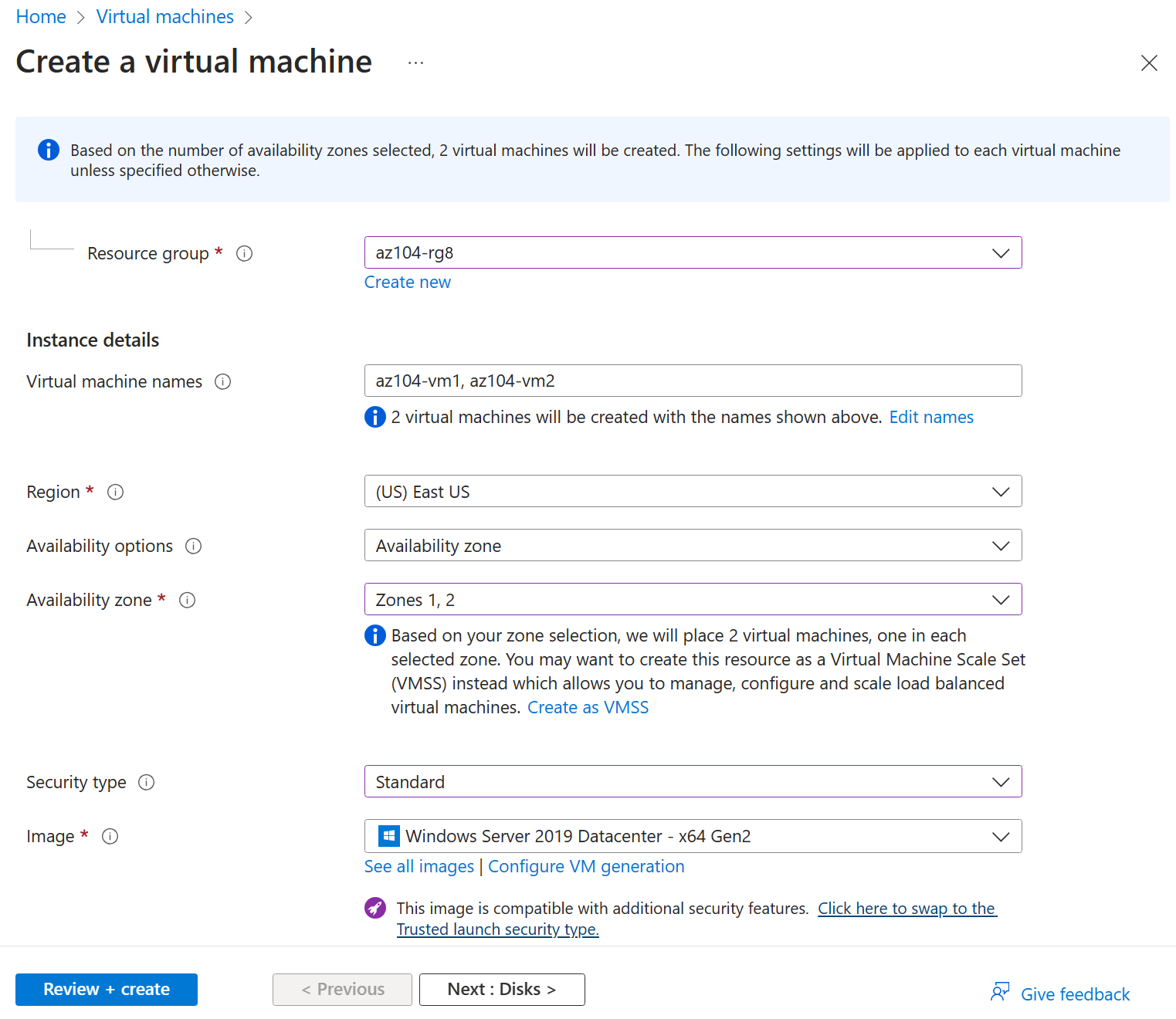 Screenshot of the create vm page