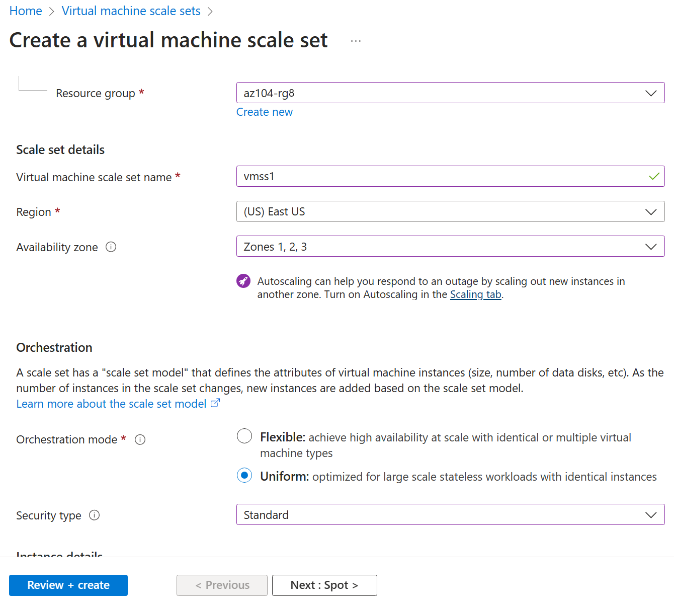 Screenshot of the create vmss page