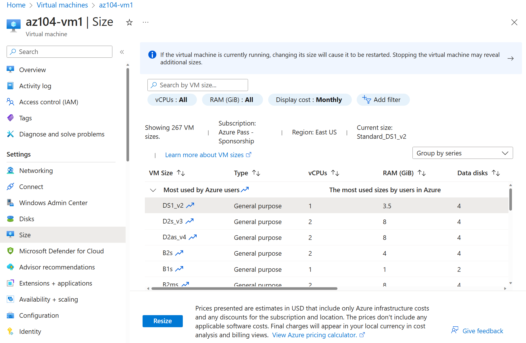 Screenshot of the resize the virtual machine