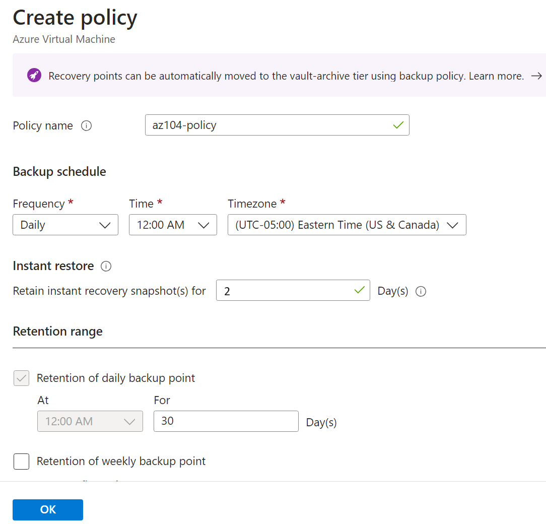 Screenshot of the backup policy page