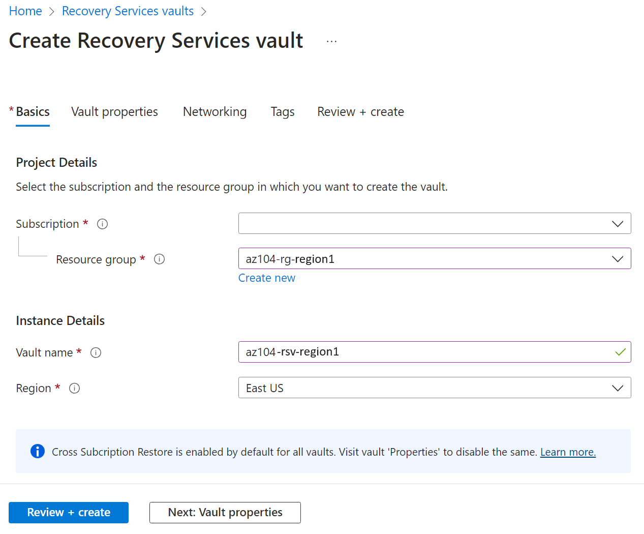 Screenshot of the recovery services vault